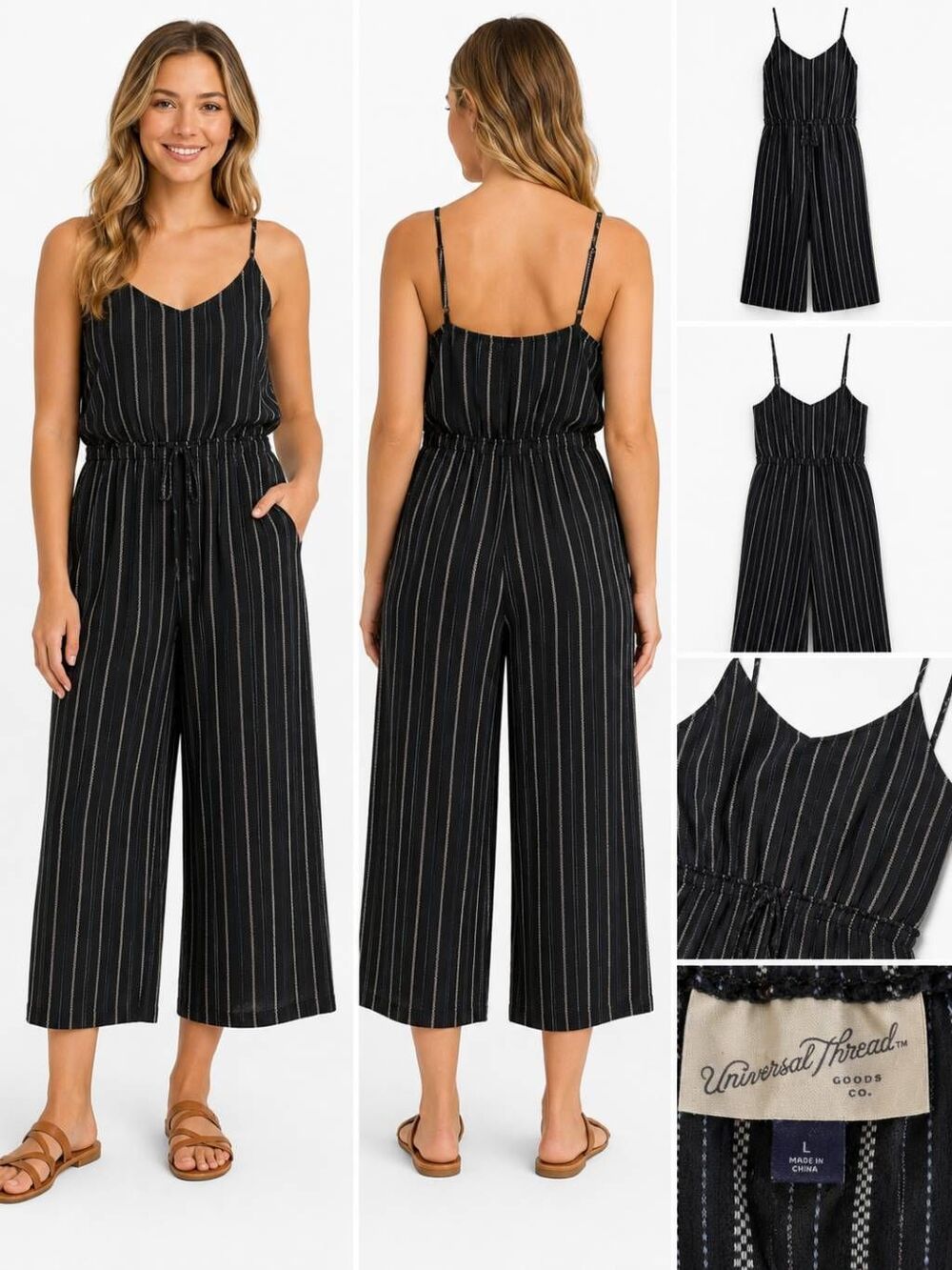 Universal Thread Striped Wide Leg Jumpsuit Women’s Size L Black White Adjustable